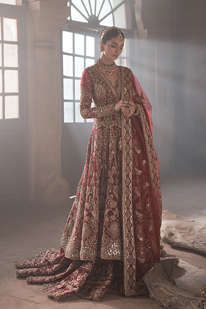 Indian Deep Maroon Embroidered Net Farshi Lehenga (3-Piece)