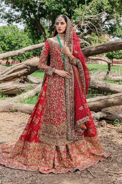Pakistani Maroonish Red Embroidered Net & Velvet Bridal Lehenga (3-Piece)