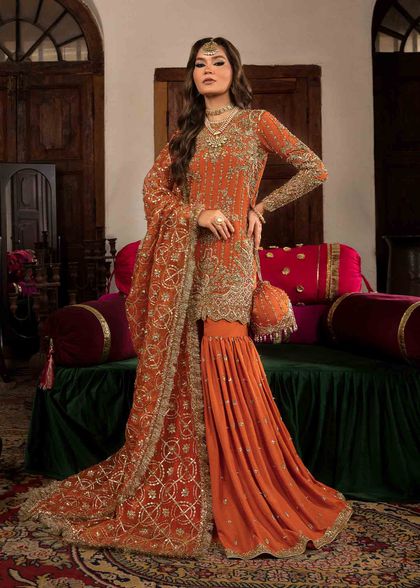 Burnt Orange Gota Embroidered Silk Gharara (3-Piece)