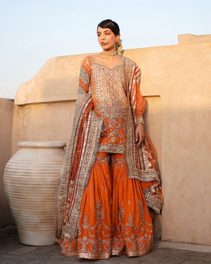 Orange Embellished Korean Raw Silk Gharara (3-Piece)