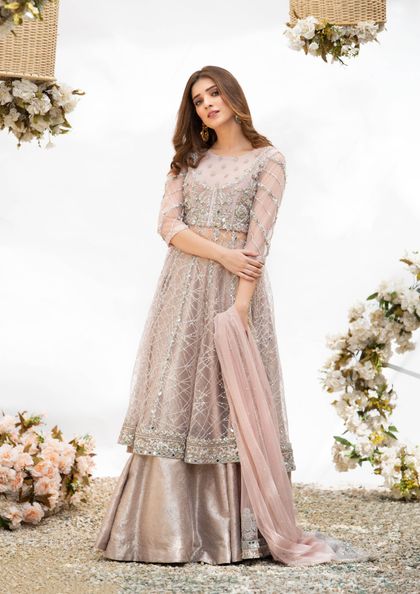 Pakistani Lilac Pink Embellished Banarsi Lehenga with Net Gown (3-Piece)