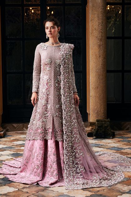 Pakistani Pink Embellished Net Bridal Lehenga Gown (3-Piece)