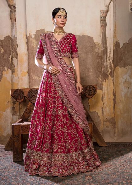 Fuschia Embellished Raw Silk Lehenga Set (3-Piece)