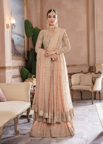 Peach Embellished Net Pishwas Dress (3-Piece)