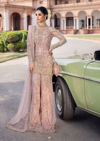 Blush Pink Hand-Embellished Net Sharara (3-Piece)