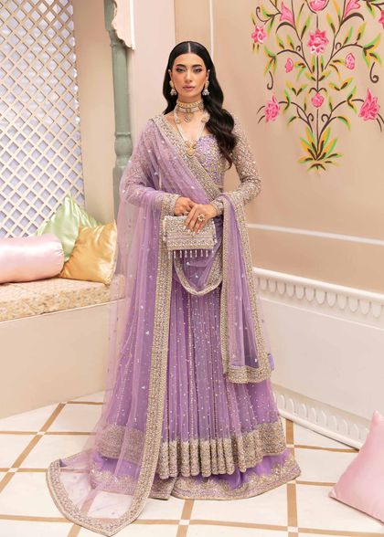 Lilac Hand-Embellished Net Pishwas Dress (3-Piece)