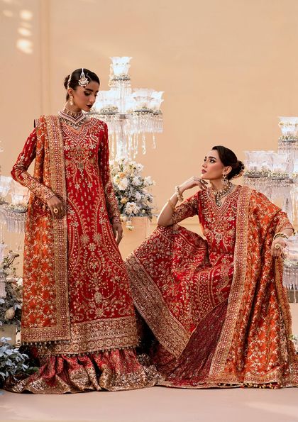 Vermilion Embroidered Silk Bridal Gharara (3-Piece)