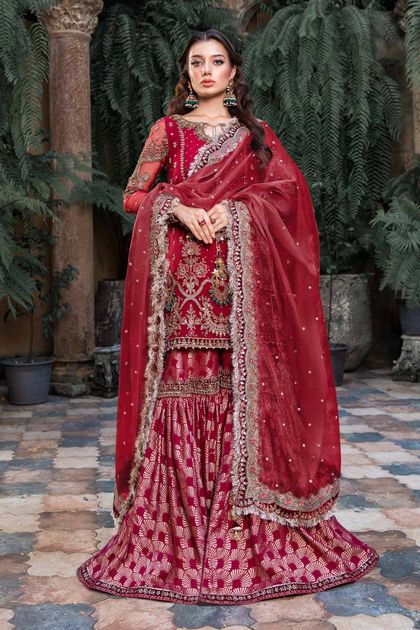 Pakistani Red Embroidered Organza & Jamawar Gharara (3-Piece)