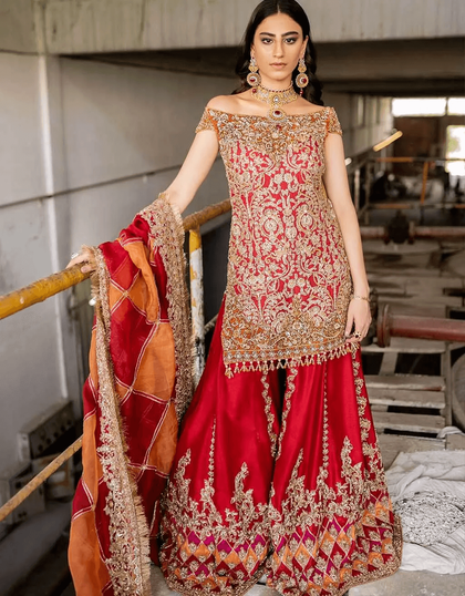 Rich Red Embroidered Silk Gharara Set (3-Piece)