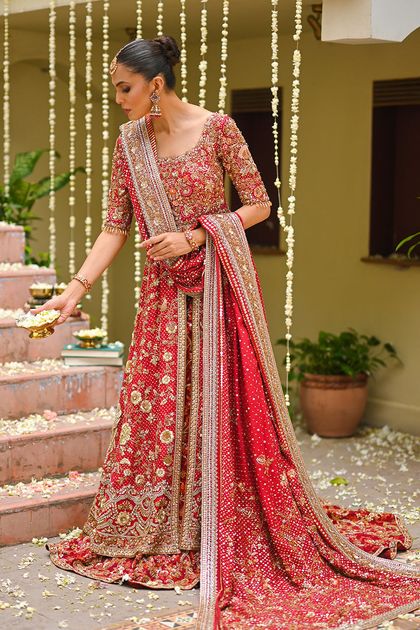 Pakistani Crimson Zardozi Cotton Net Peshwas with Brocade Lehenga (3-Piece)