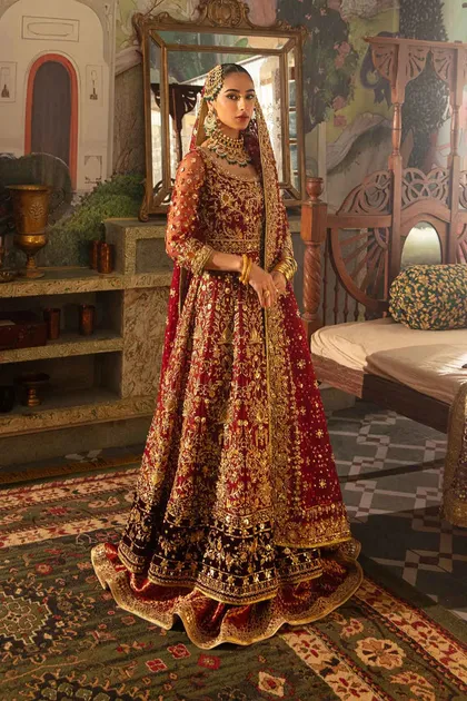 Deep Red Zardozi Net & Jamawar Bridal Lehenga (3-Piece)