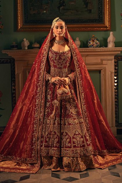 Pakistani Radiant Red Zardozi Net & Silk Bridal Pishwas Lehenga (3-Piece)