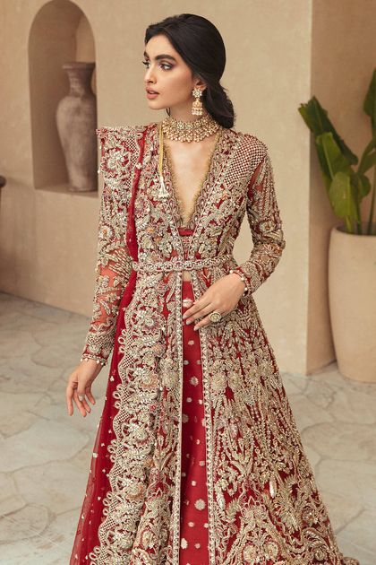 Barn Red Embellished Net Gown with Organza Zari Lehenga (3-Piece)