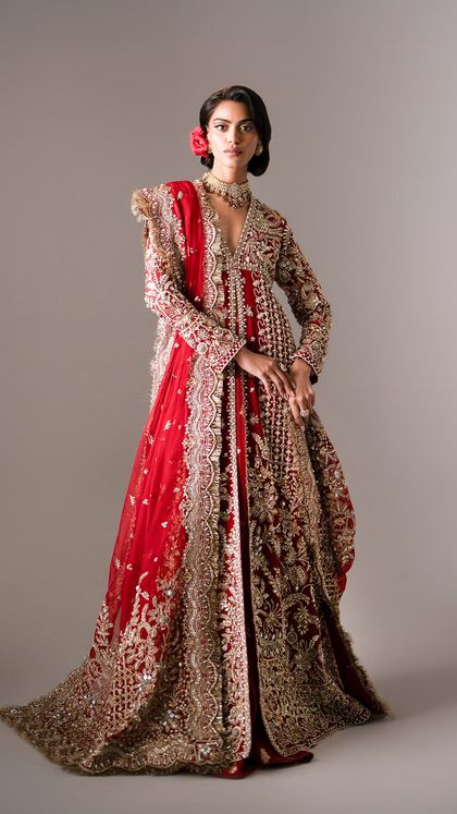 Deep Red Embellished Organza Pishwas with Gold Jacquard Lehenga (3-Piece)