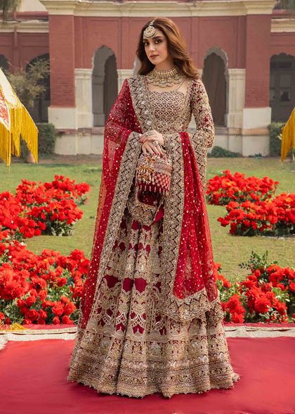 Pakistani Deep Red Zardozi Kathaan Organza Pishwas Dress (3-Piece)