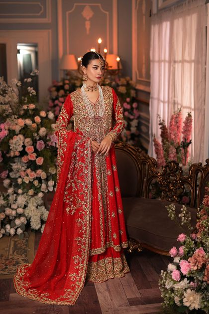 Pakistani Royal Red Zardozi Pure Raw Silk Bridal Lehenga (3-Piece)
