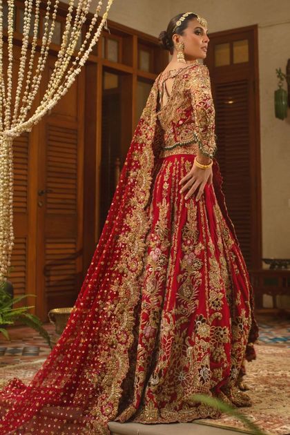 Pakistani Deep Red Zardozi Kamdani Silk Bridal Lehenga (3-Piece)