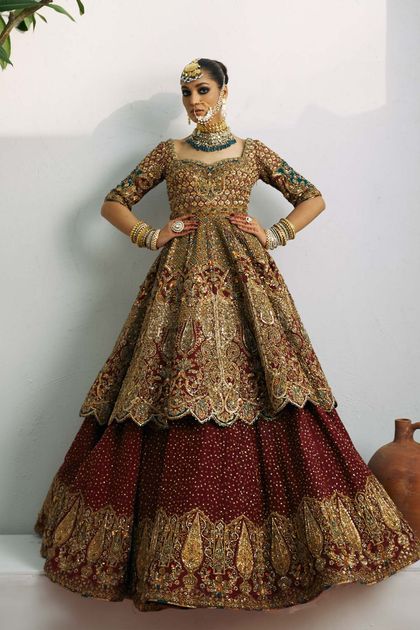 Carmine Red Embroidered Silk & Net Bridal Lehenga (3-Piece)