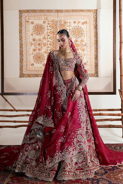 Pakistani Crimson Embroidered Tissue Organza Lehenga (3-Piece)