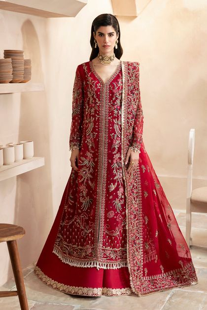 Pakistani Deep Carmine Red Embroidered Organza Pishwas (3-Piece)
