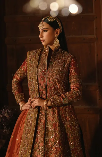 Copper-Rust Embellished Tissue Bridal Jacket Lehenga (3-Piece)