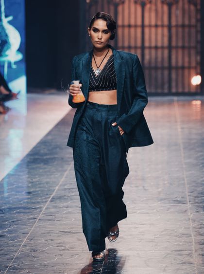 Pakistani Teal Blue Gold Thread Jamawar Jacket & Pants (3-Piece)