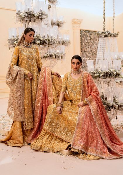 Pakistani Mustard Embroidered Khaadi Net Gharara (3-Piece)