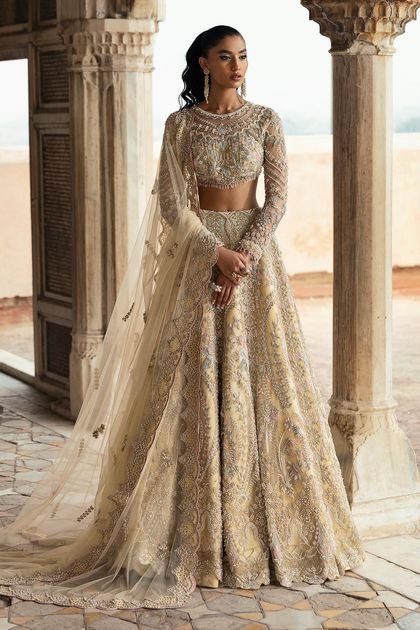 Light Yellow Embroidered Net Lehenga (3-Piece)