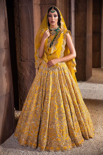 Pakistani Yellow Embellished Raw Silk Bridal Lehenga (3-Piece)
