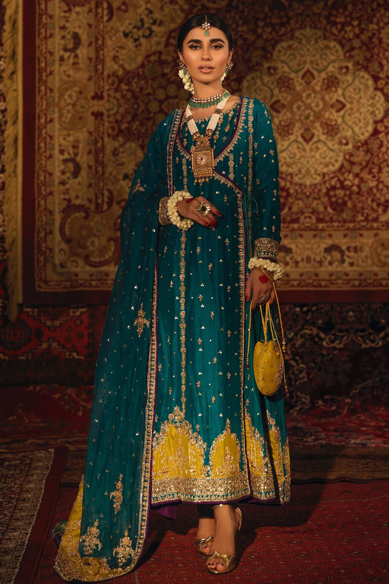 Pakistani Ferozi Zardozi Organza Angharka Dress (3-Piece) - Image 2