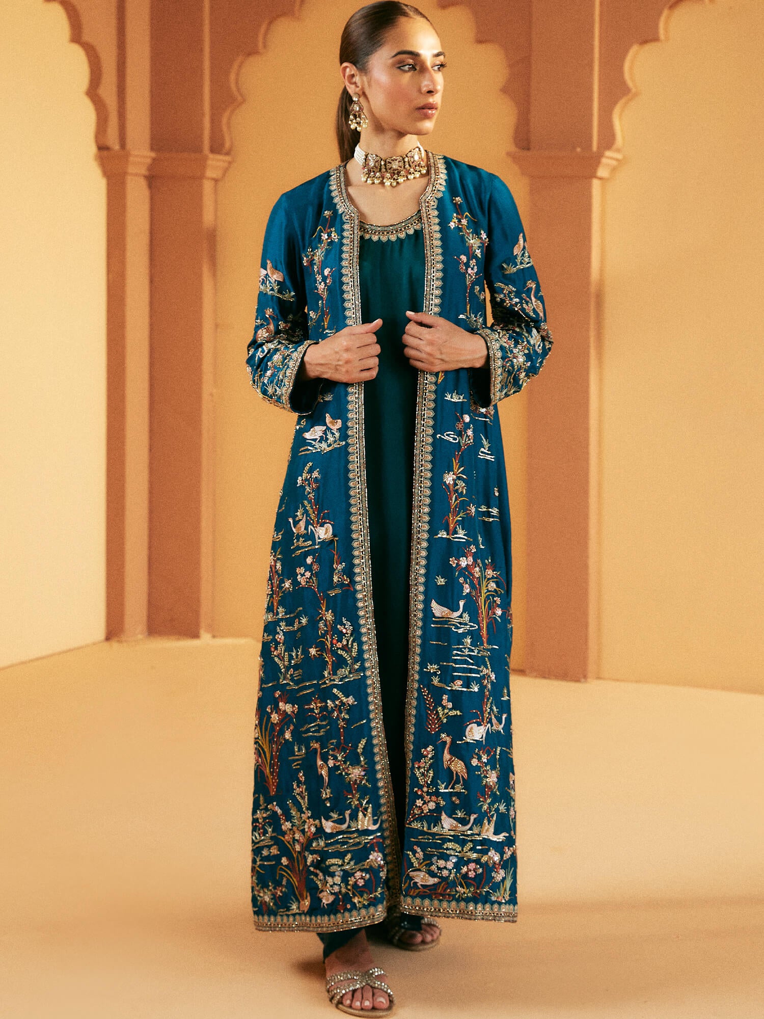 Turquoise Hand-Embroidered Raw Silk Coat Set (3-Piece) - Image 1