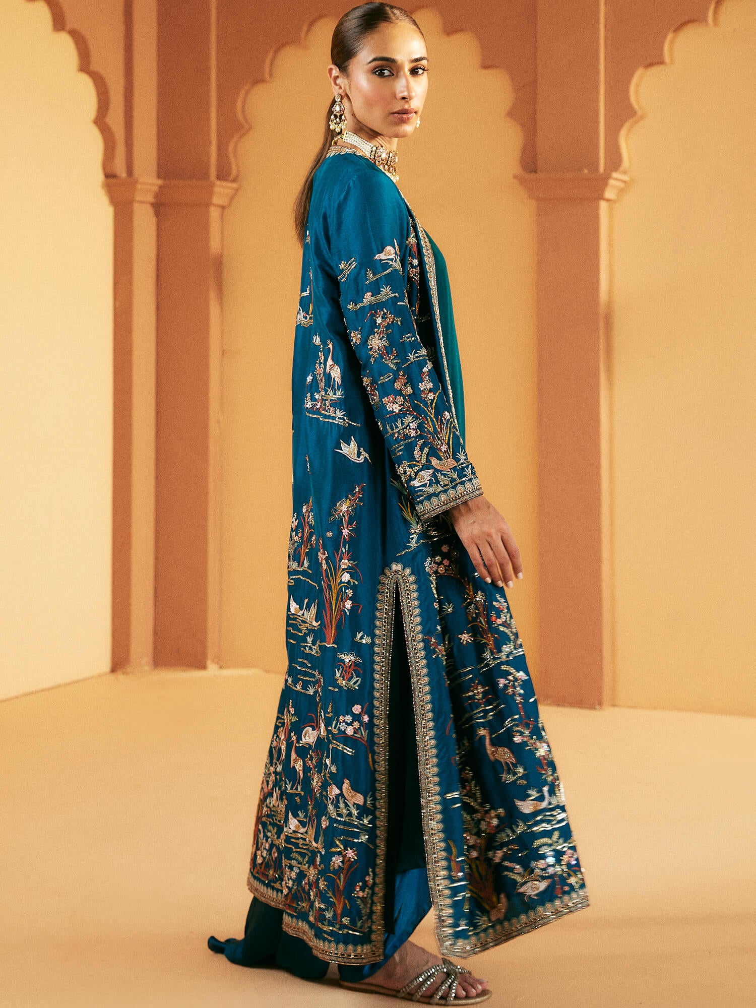 Turquoise Hand-Embroidered Raw Silk Coat Set (3-Piece) - Image 2