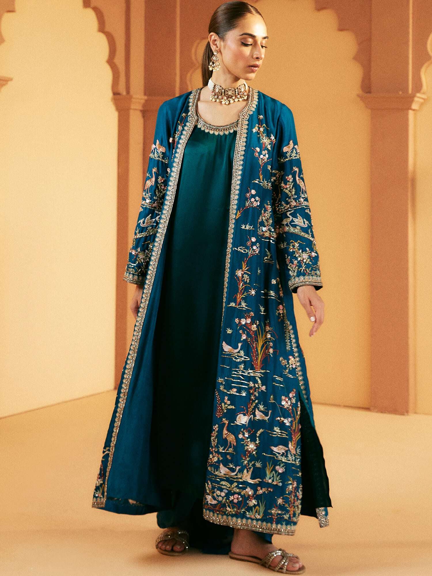 Turquoise Hand-Embroidered Raw Silk Coat Set (3-Piece) - Image 3