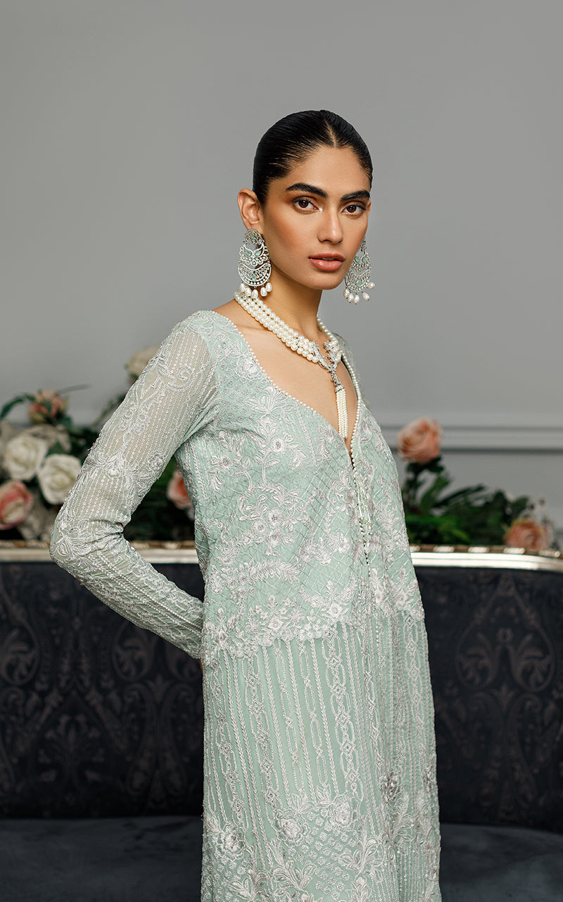 Turquoise Embroidered Chiffon Gown (1-Pc) - Image 3