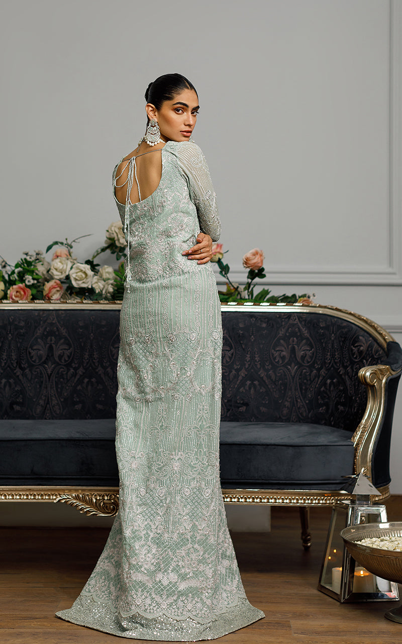 Turquoise Embroidered Chiffon Gown (1-Pc) - Image 4
