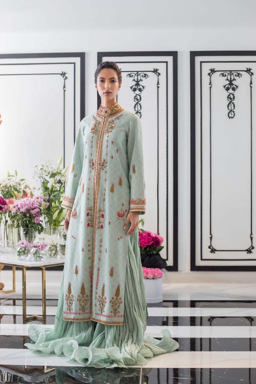 Pakistani Pale Turquoise Embroidered Cotton Net Gown (2-Piece) - Image 1