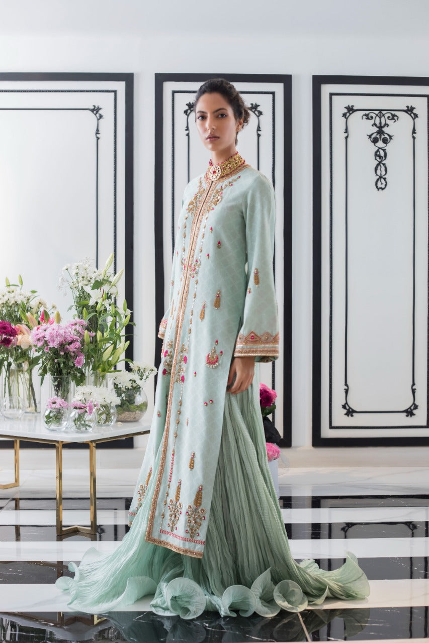 Pakistani Pale Turquoise Embroidered Cotton Net Gown (2-Piece) - Image 2