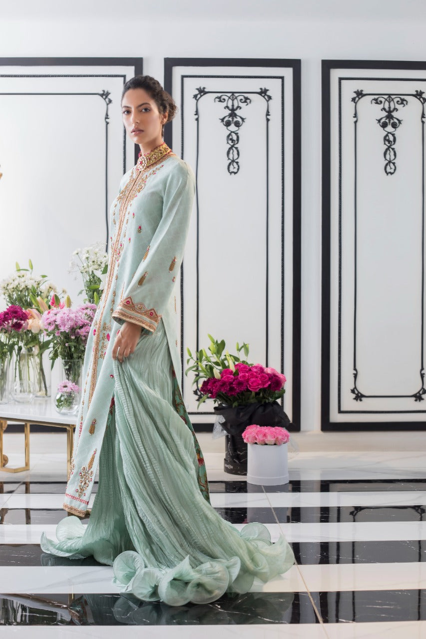 Pakistani Pale Turquoise Embroidered Cotton Net Gown (2-Piece) - Image 3
