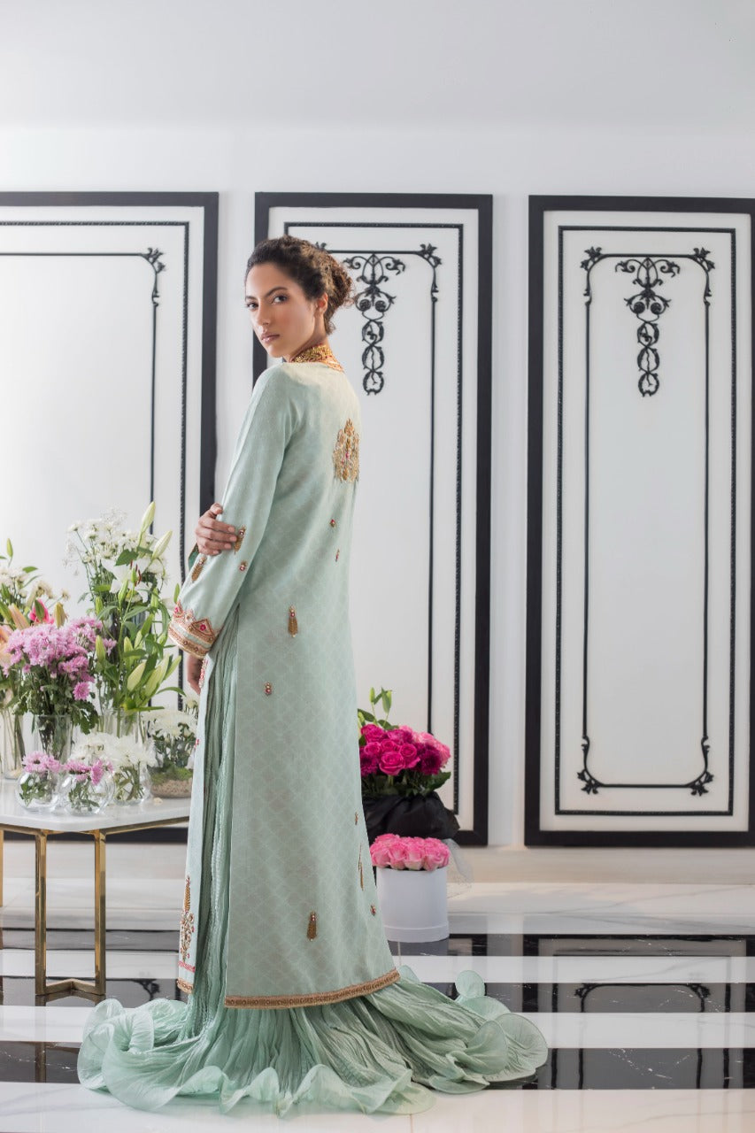 Pakistani Pale Turquoise Embroidered Cotton Net Gown (2-Piece) - Image 4