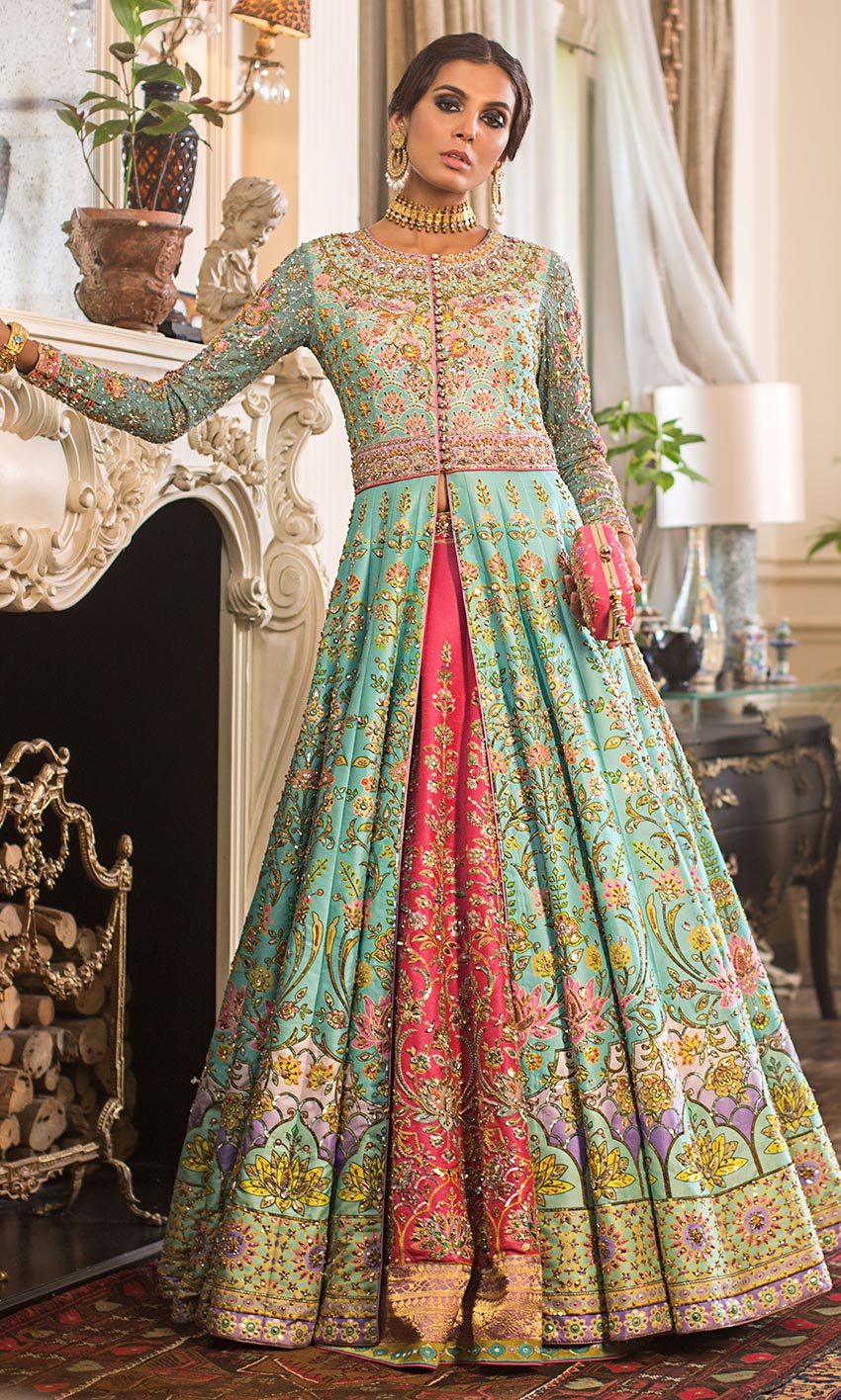 Pakistani Turquoise Fuchsia Embellished Silk Bridal Gown (1-Pc) - Image 1
