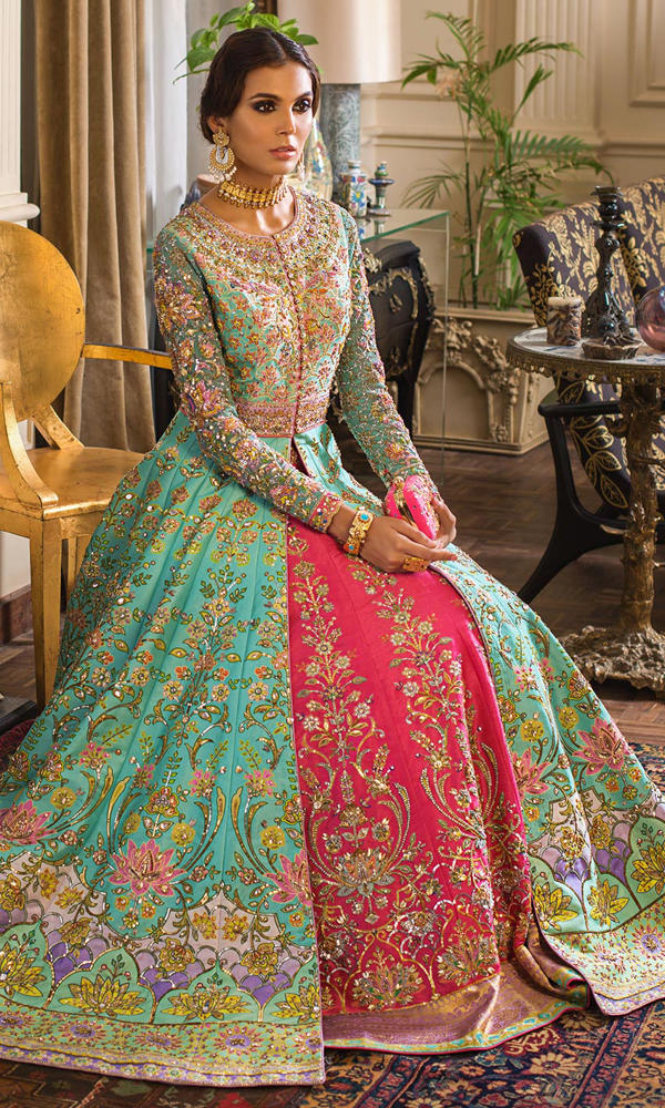 Pakistani Turquoise Fuchsia Embellished Silk Bridal Gown (1-Pc) - Image 3