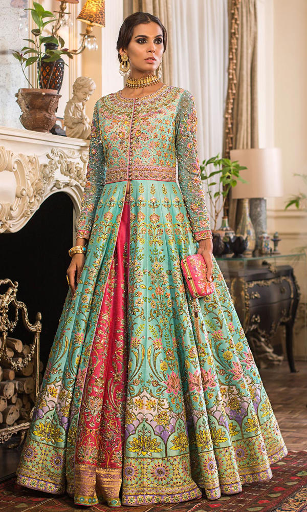 Pakistani Turquoise Fuchsia Embellished Silk Bridal Gown (1-Pc) - Image 4