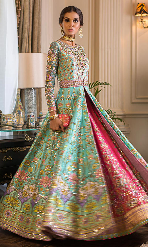 Pakistani Turquoise Fuchsia Embellished Silk Bridal Gown (1-Pc) - Image 5