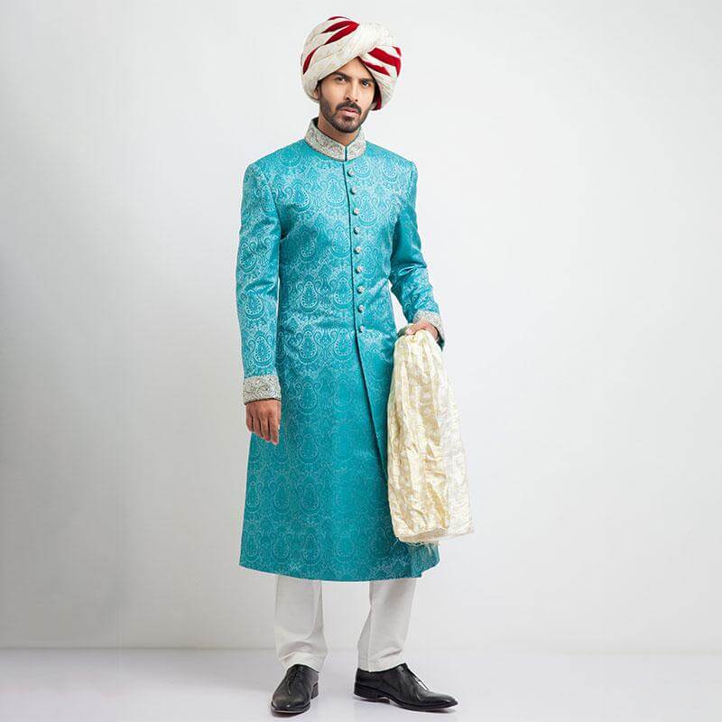 Bright Turquoise Zardozi Pure Jamavar Silk Sherwani (3-Piece) - Image 1