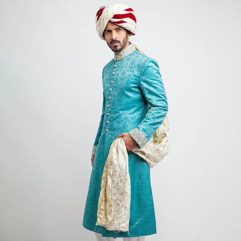 Bright Turquoise Zardozi Pure Jamavar Silk Sherwani (3-Piece) - Image 2