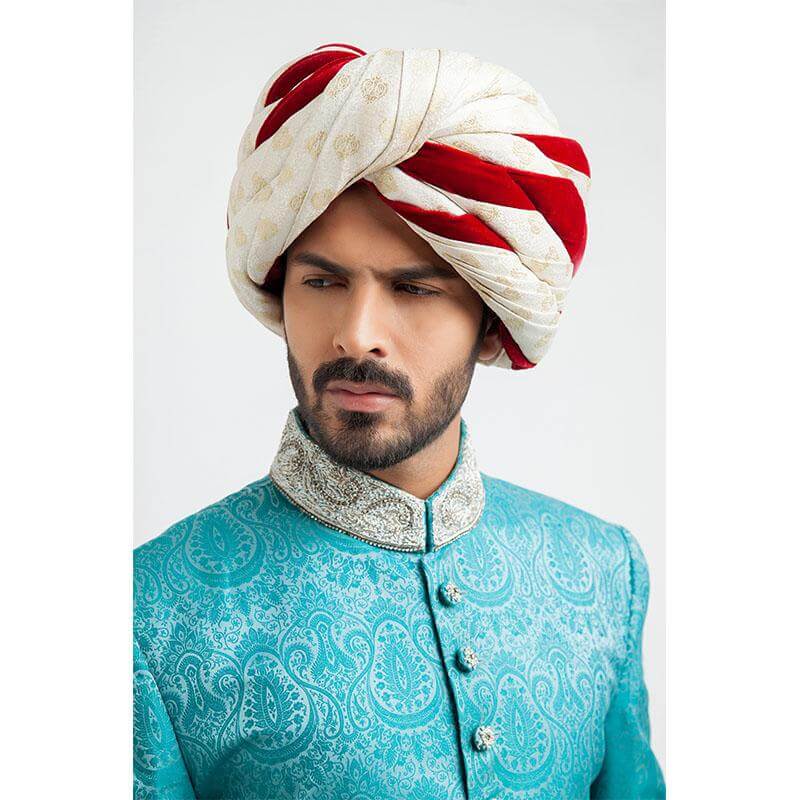 Bright Turquoise Zardozi Pure Jamavar Silk Sherwani (3-Piece) - Image 3