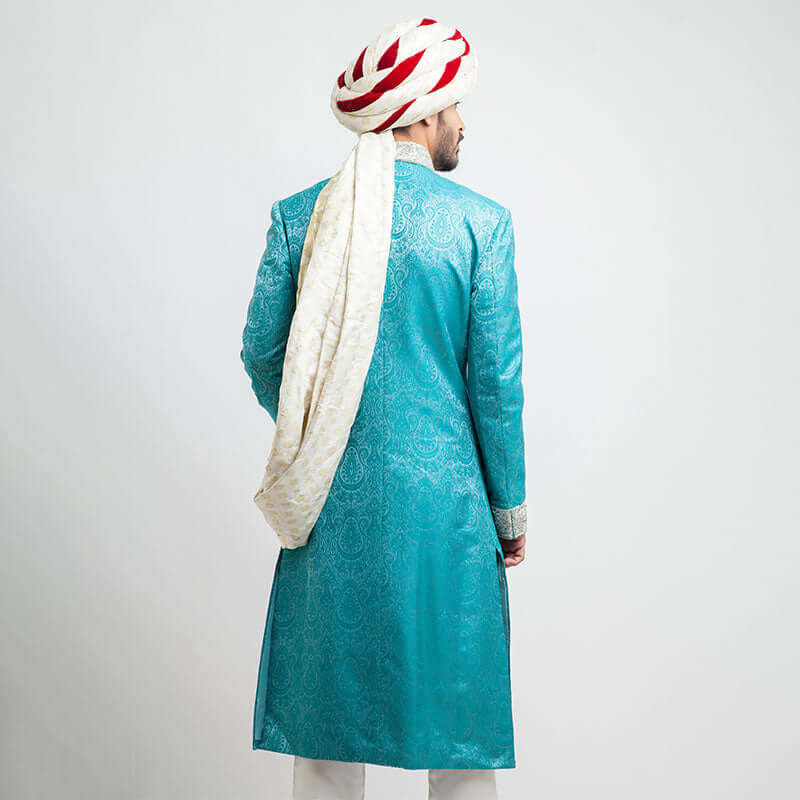 Bright Turquoise Zardozi Pure Jamavar Silk Sherwani (3-Piece) - Image 4