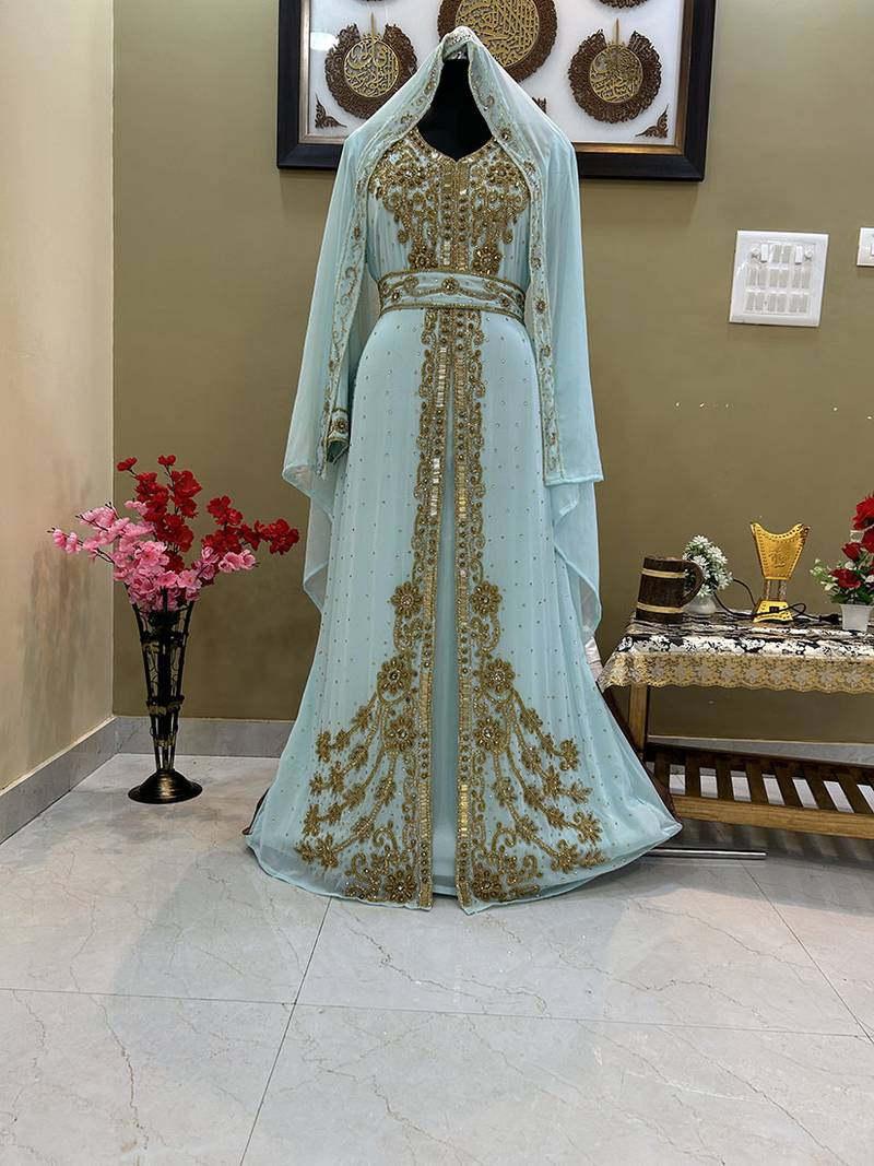 Pakistani Light Turquoise Zari Embroidered Georgette Kaftan (1-Pc) - Image 1