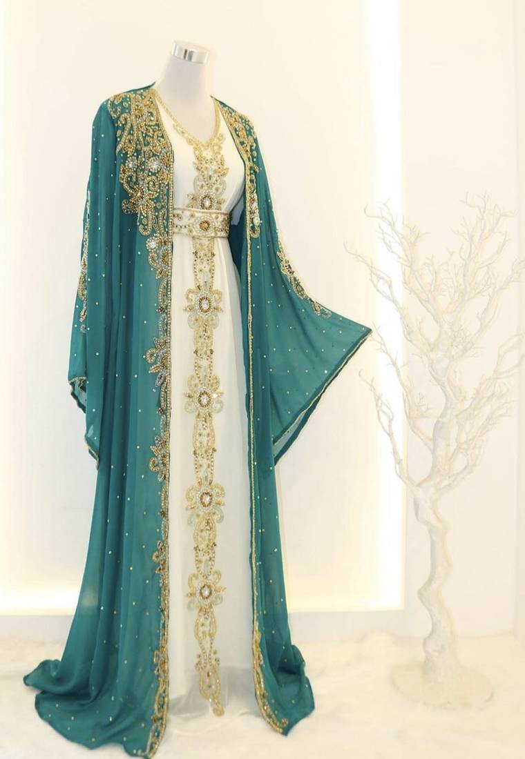 Pakistani Turquoise Zari Embroidered Georgette Kaftan (1-Pc) - Image 1