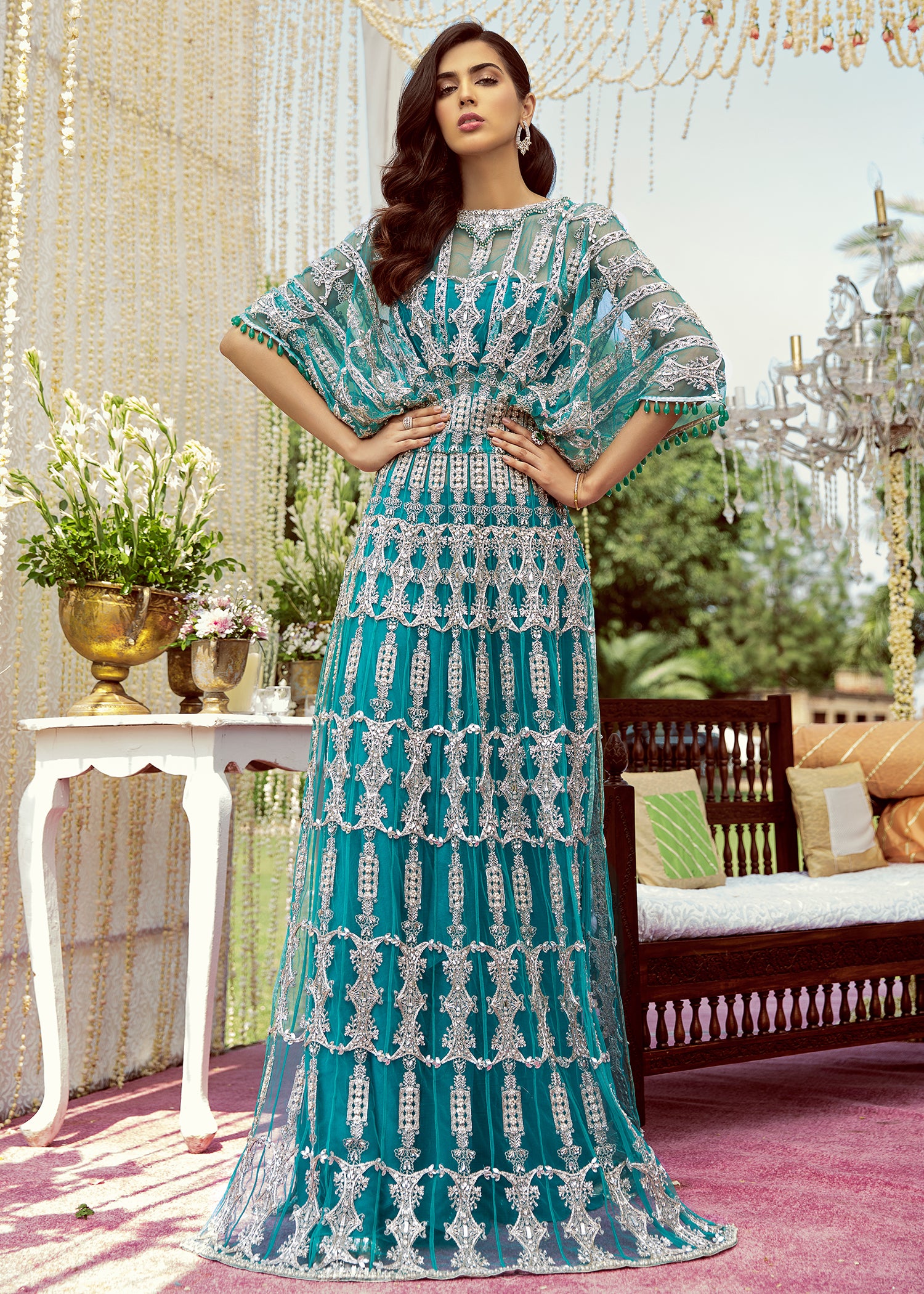 Turquoise Embellished Net Kaftan Dress (2-Piece) - Image 2